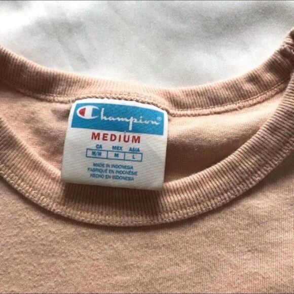 Champion crop top s/s tee T-shirt blush pink embroidered spell out Sz Medium EUC - Picture 2 of 7